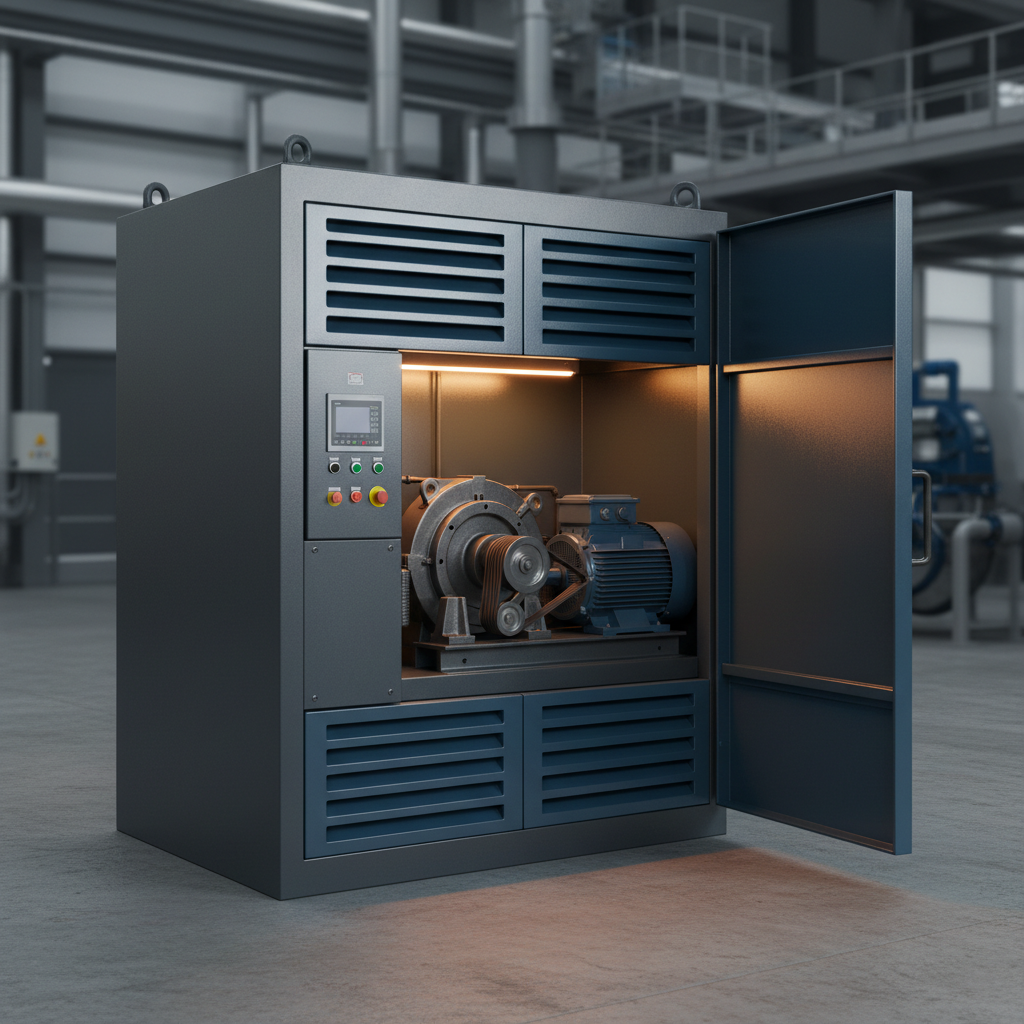 Positive displacement blower package inside a sound-attenuating enclosure with the access door open and a control panel on the wall