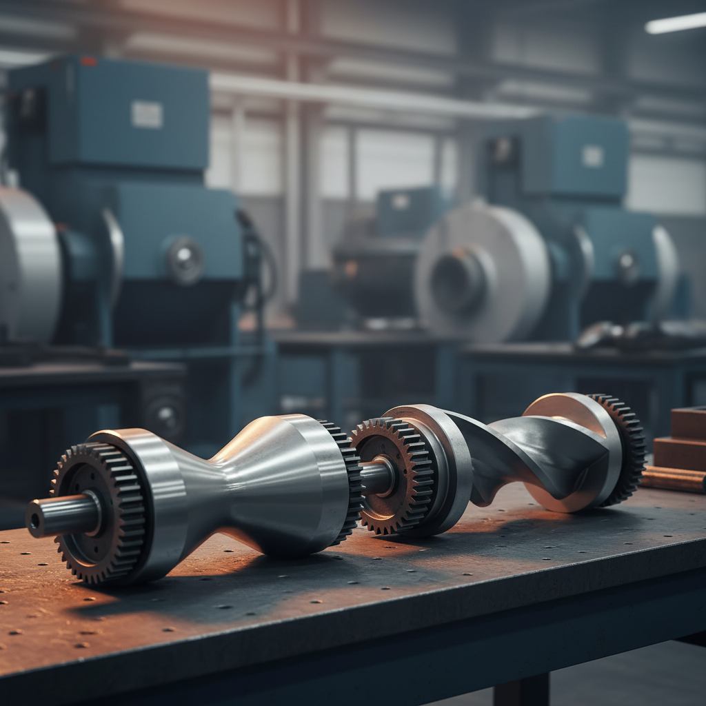 Two-lobe figure-eight blower rotors beside a pair of three-lobe helical rotors on a steel bench