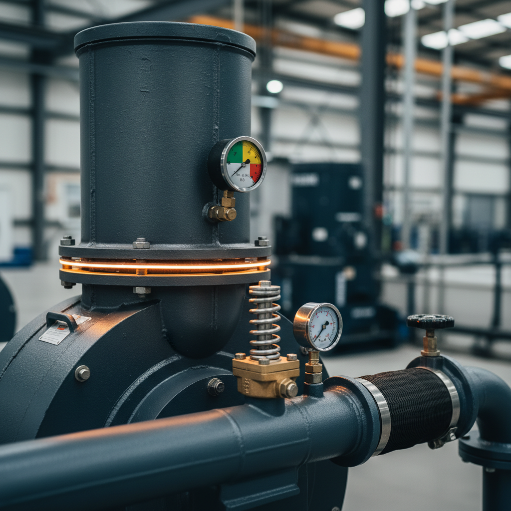 Close detail of a blower inlet filter silencer with restriction indicator, a pressure relief valve and a pressure gauge on the discharge piping