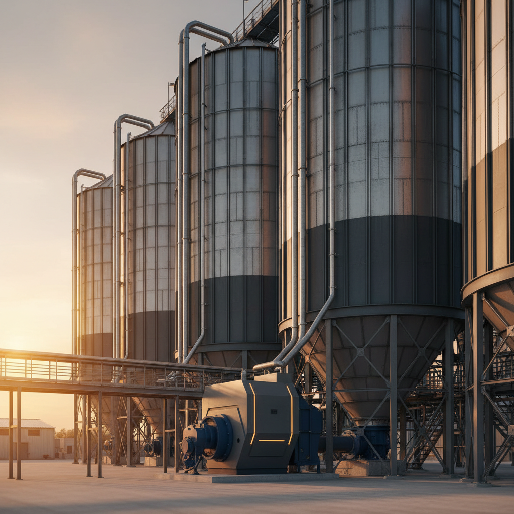 Row of steel silos, pneumatic conveying pipelines and positive displacement blower package at base