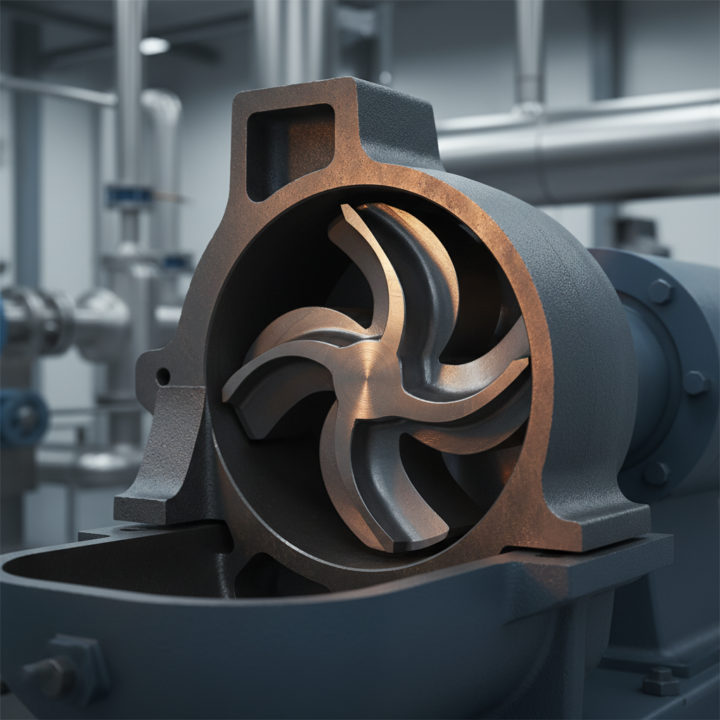 Close cutaway detail of two tri-lobe rotors meshing inside the open cast iron casing of a positive displacement blower