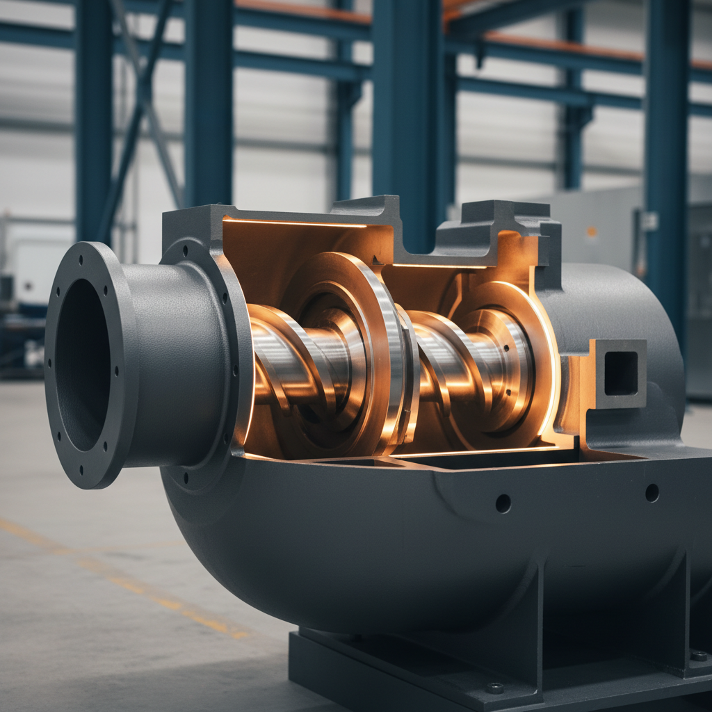 Cutaway of a rotary screw blower showing two intermeshing helical rotors inside a machined housing