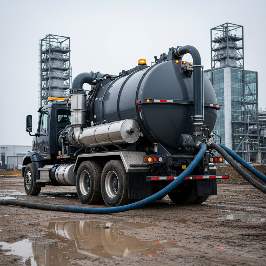 Industrial vacuum hydro-excavation truck, rotary lobe blower and silencers behind cab, jobsite