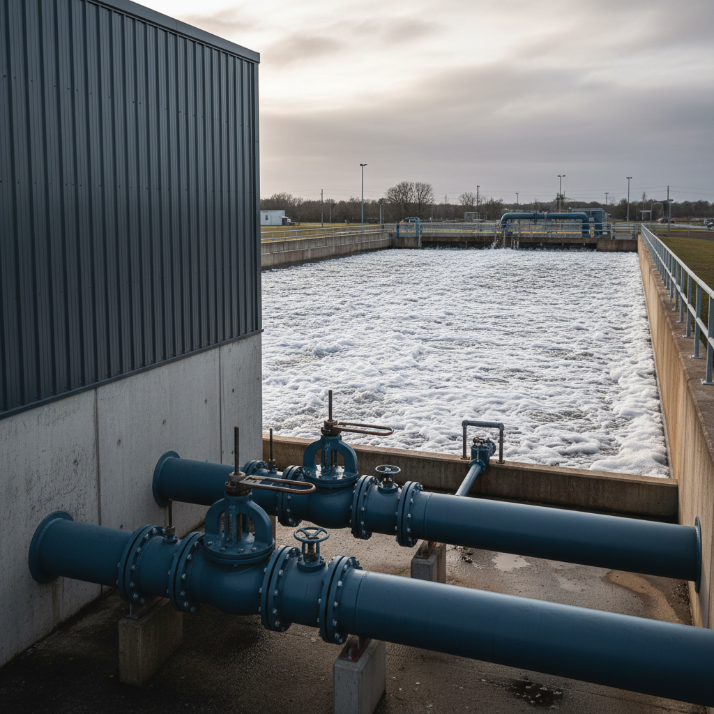 Churning fine-bubble wastewater aeration basin beside blower building, air headers and butterfly valves